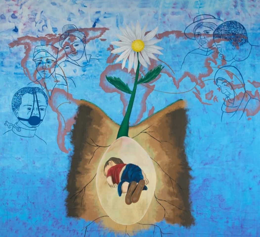 Painel do 32º Curso de Verão, por Guto Godoy Retrata  Crise migratória.